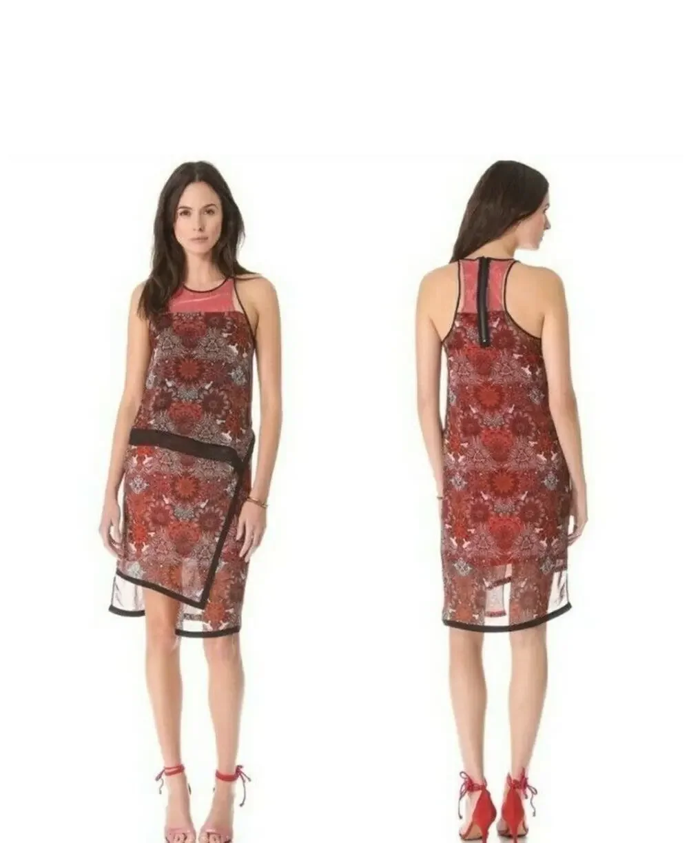 Helmut Lang Dress Womens 2 Red Sheer Patterned Midi Sleeveless SW-D00577 USA